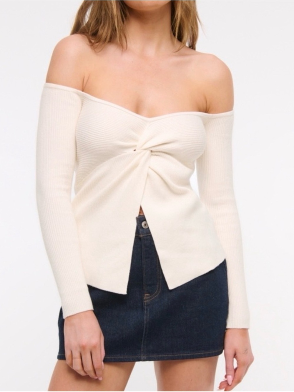 Abercrombie & Fitch Off-Shoulder Twist Front Cream Top